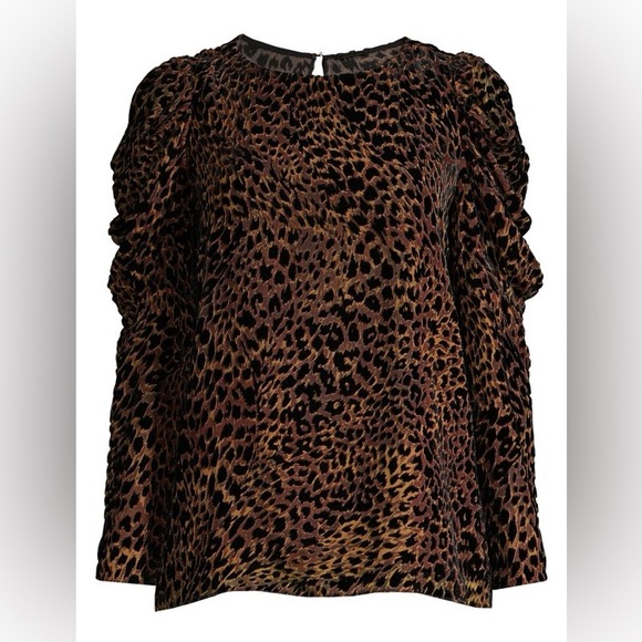 Elie Tahari Blouse Noelle Brown Leopard print Velvet puff Sleeves Size M - Picture 5 of 10